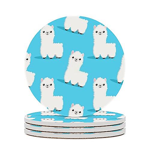 Round Drink Coasters 4 Pcs Cute Llama On Blue Background Absorbent Ceramic Coaster With Cork Base For Coffee Cups Housewarming Gift For Home Decor