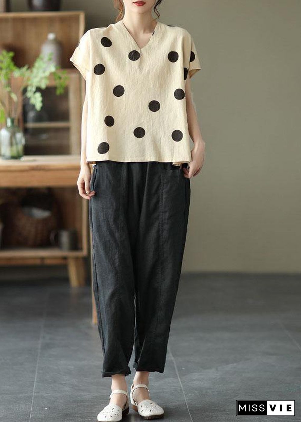 French Khaki V Neck Dot Summer Linen Shirt Top