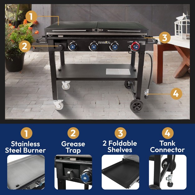 Razor Griddle Outdoor Steel Burner Propane Gas Grill Griddle With Wheels And Top Cover Lid Folding Shelves For Home Bbq Cooking