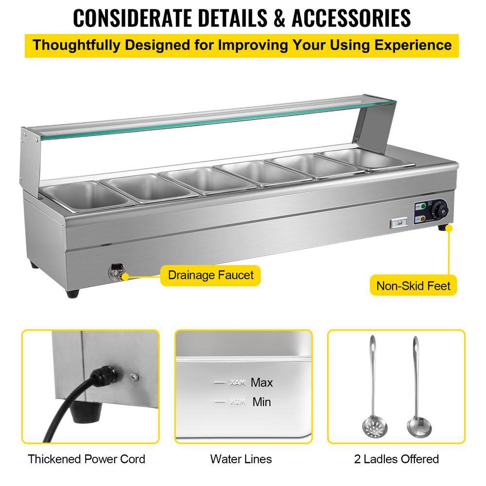 VEVOR 6 Pan x 13 GN Stainless Steel Commercial Food Steam Table 6 in. Deep 1500Watt Electric Countertop Food Warmer 42 Qt. BLZBWTC6PB3600001V1