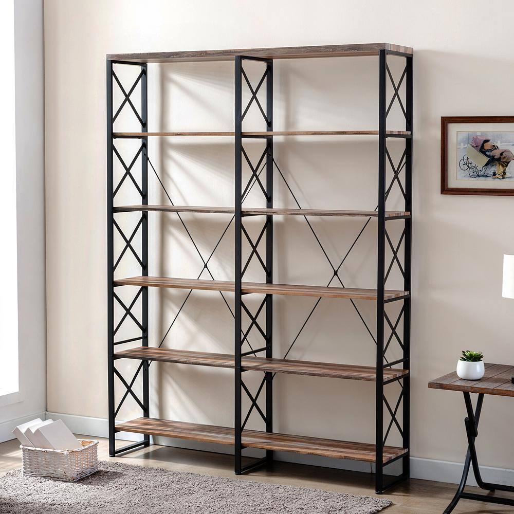 KINWELL 80 in. Brown Vintage Wood 6-Shelf Etagere Bookcase with Black Metal Frame MDBS006A