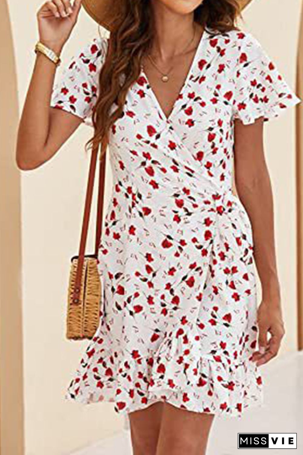 V Neck Side Tie Ruffles Hem Floral Dress