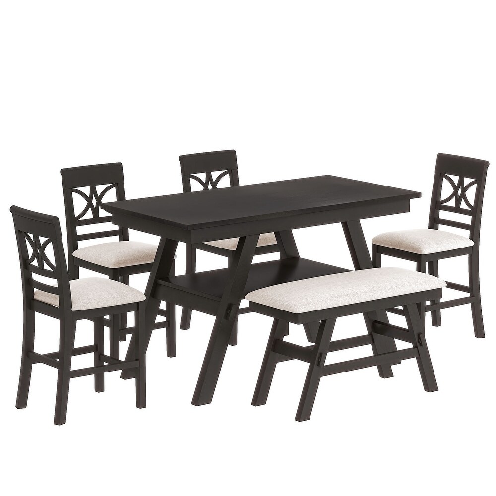 6 Piece Counter Height Dining Table Set  Rectangular Kitchen Table Set with Upholstered Bench   4 Chairs for Bistro  Espresso