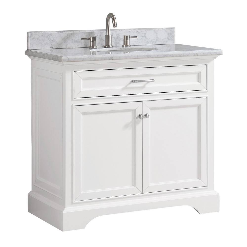 Home Decorators Collection Windlowe 37 in. W x 22 in. D x 35 in. H Bath Vanity in White with Carrera Marble Vanity Top in White with White Sink 15101-VS37C-WT