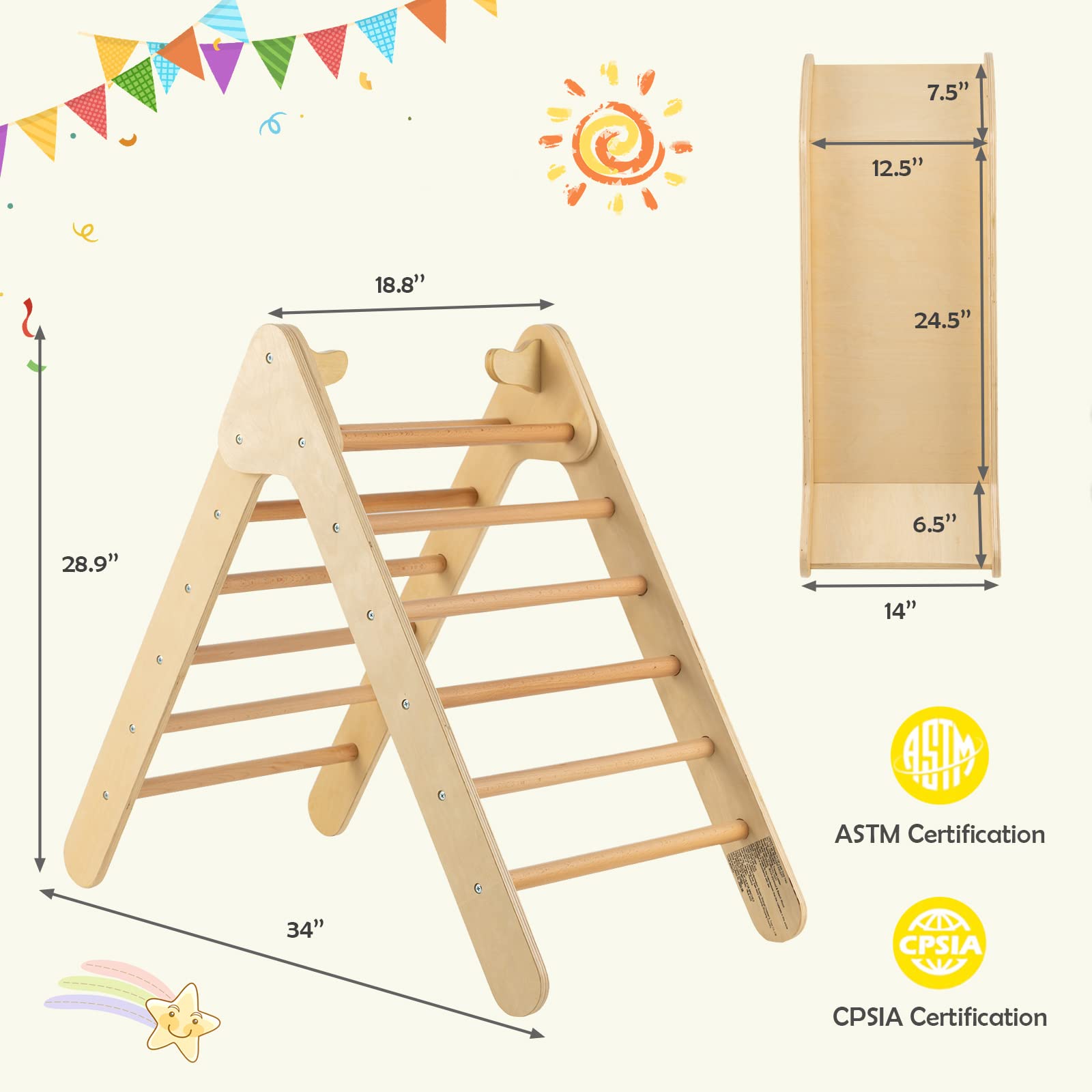 Costzon Wooden Climbing Toys for Toddlers, 2 in 1 Montessori Triangle Climber with Adjustable Angle Ramp for Slide