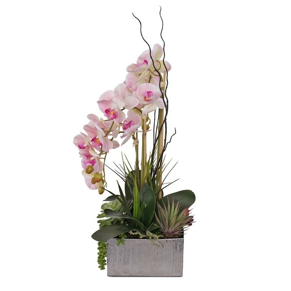 Real Touch Pink Orchid and Succulent Arrangement in Square Silver Pot