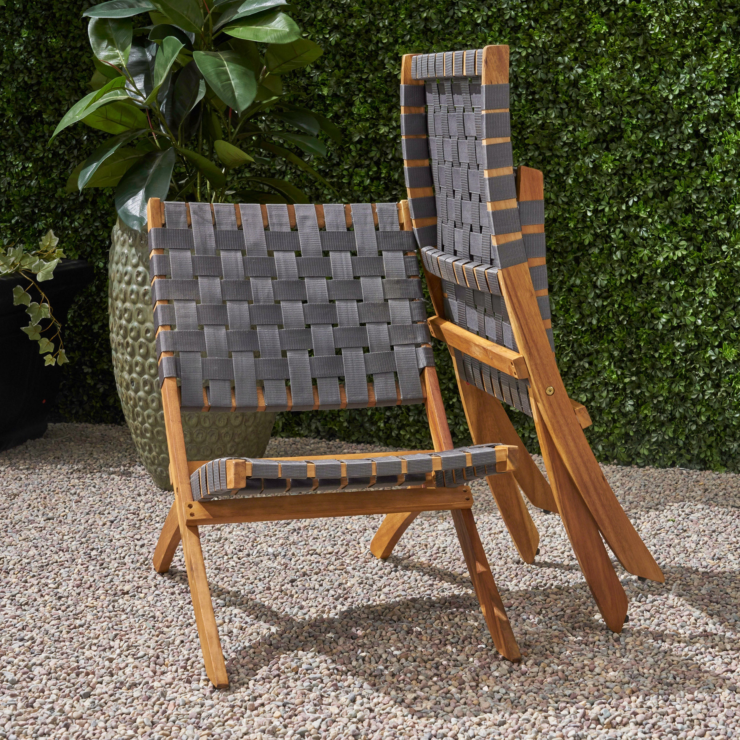 Riley Outdoor Acacia Wood Foldable Chairs (Set of 2), Brown Patina and Gray Straps