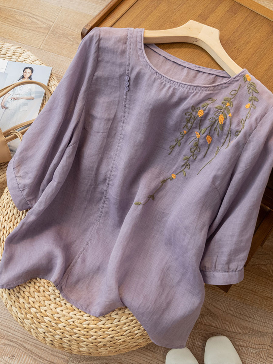 Round Neck Casual Loose Embroidered Mid Sleeve Blouse