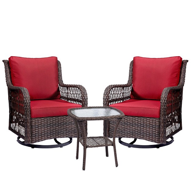 Trinity 3 Pieces Outdoor Wicker Swivel Rocker Patio Set With Premium Cushions And Armored Glass Top Side Table For Backyard