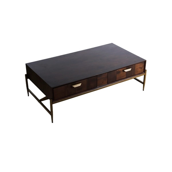 Cid 53 Inch Modern Coffee Table， Acacia Wood， 2 Drawer， Beveled Edge， Brown