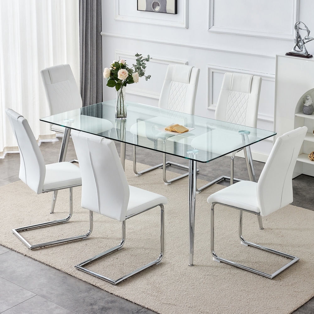 5 PCS Dining Table Set Table and Chair Set w 1 Table and 8 Chairs Glass Table Top Metal Table Legs