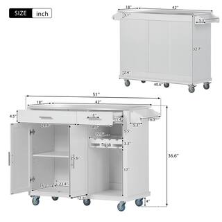 Modern White Stainless Steel Top 51 in. Kitchen Island on Wheels with 2-Drawers Racks and Storage Cabinet ZY-WF295114AAW