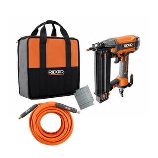 RIDGID Pneumatic 18-Gauge 2-18 in. Brad Nailer w CLEAN DRIVE Technology and Tool Bag with 14 in. 50 ft. Lay Flat Air Hose R213BNF-R5025LF