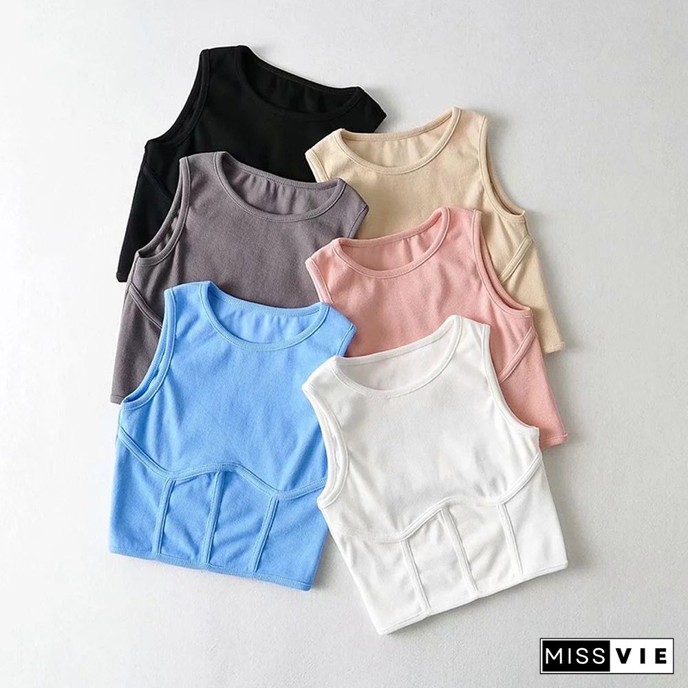 Summer Women's Streetwear Corset Crop Top Elastic Cotton Sleeveless O-Neck Solid Sexy Tank Top 6 Colors