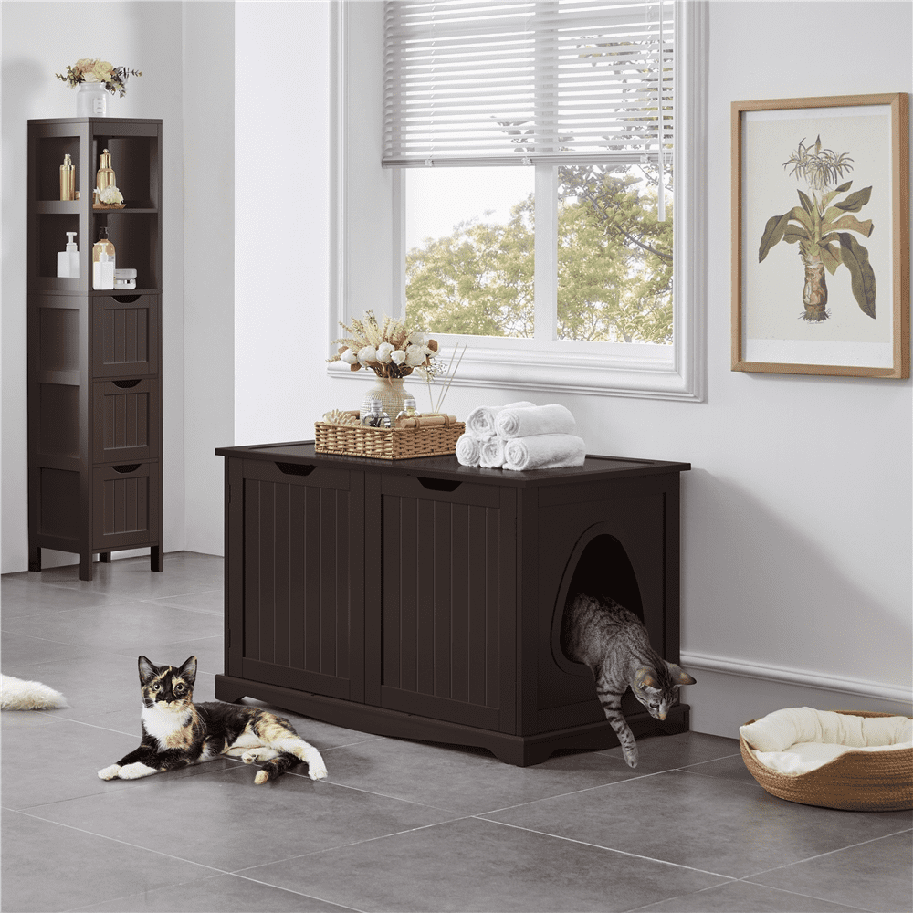 Yaheetech Wooden Cat Litter Box with Divider and Partition， Espresso