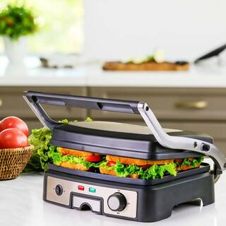 OVENTE 4-Slice Electric Panini 180 Adjustable Hinge Non-Stick 3 Heat Settings Drip Tray Free Grill (GP1861BR) GP1861BR