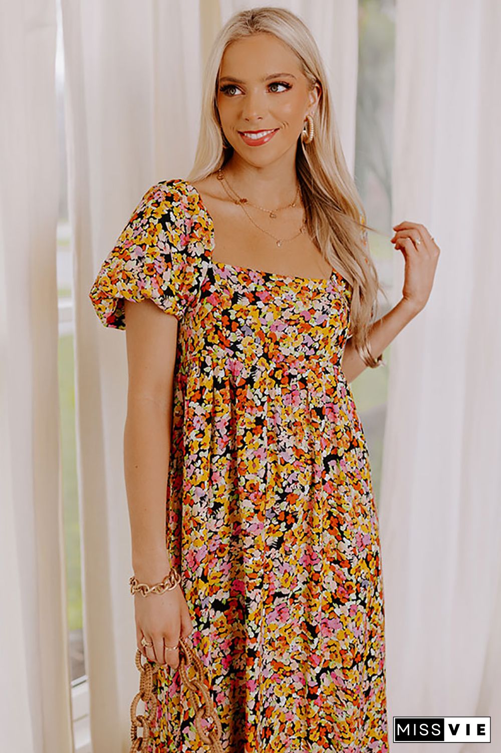 Yellow Puff Sleeve Square Neck Open Back Floral Midi Dress