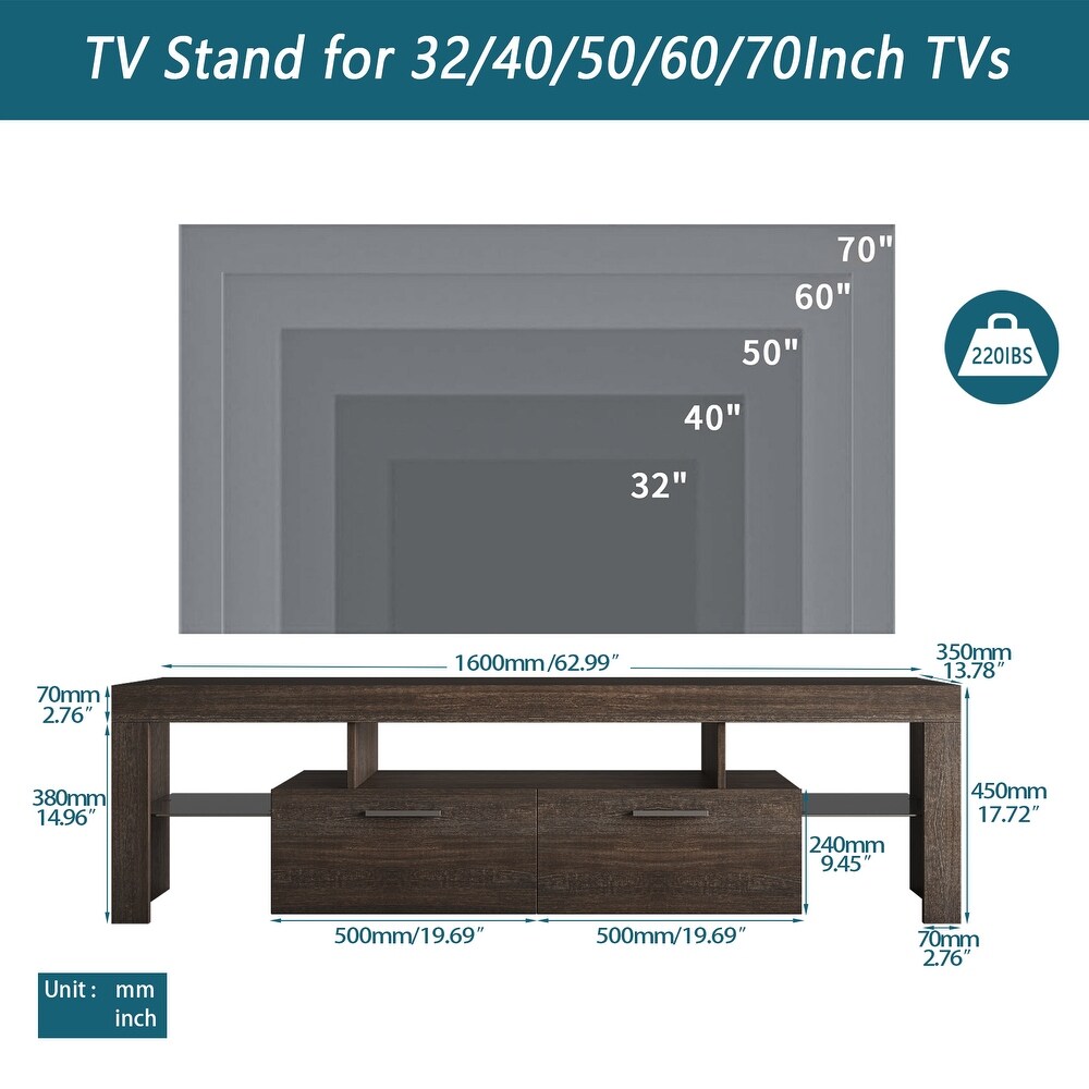 Modern TV Cabinet with 16 Color LED Backlights and Large Storage Drawers for up to 70 Inch TVs