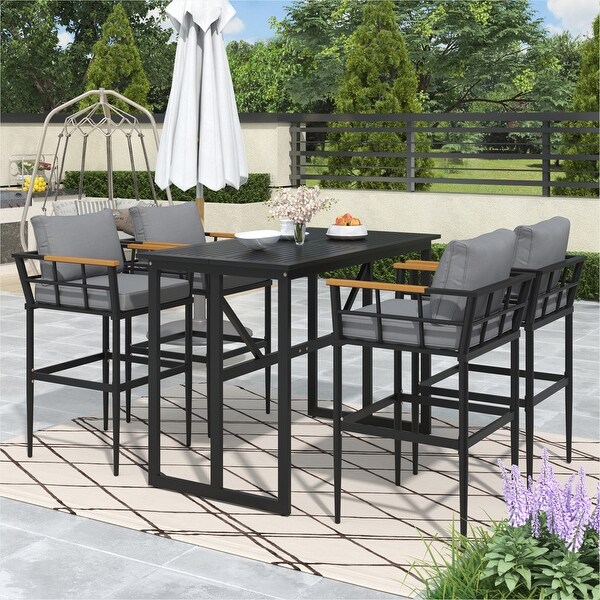 Steel Outdoor Dining Set with Acacia Wood Armrest Suitable For Patio，Balcony Or Backyard