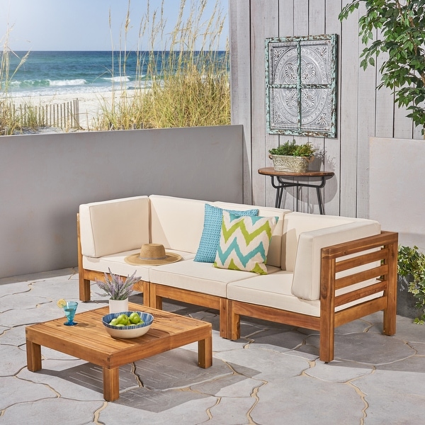 Oana Outdoor 3Seater Acacia Wood Sectional Sofa Set with Coffee Table by Christopher Knight Home