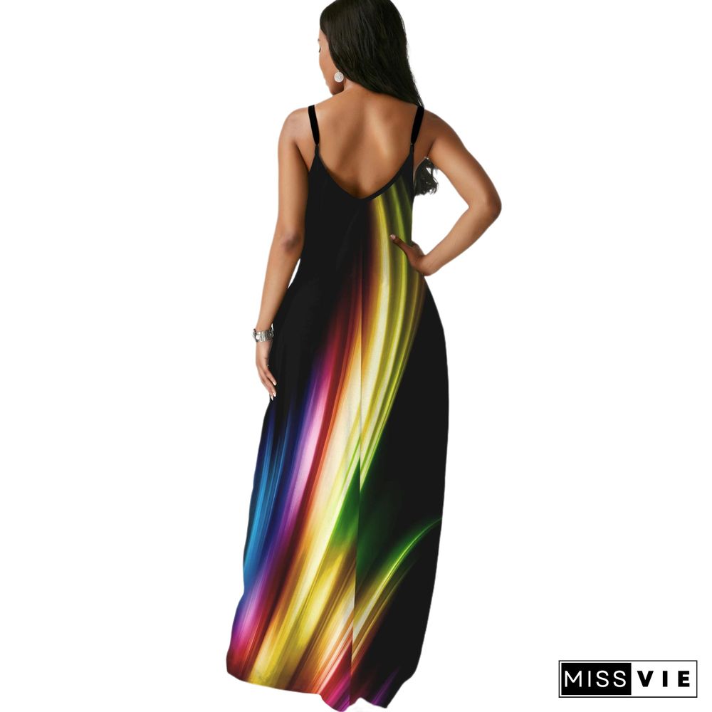 Plus Size Printed Summer Women Sexy Sleeveless Sleeveless Strap V Neck Party Maxi Long Dresses