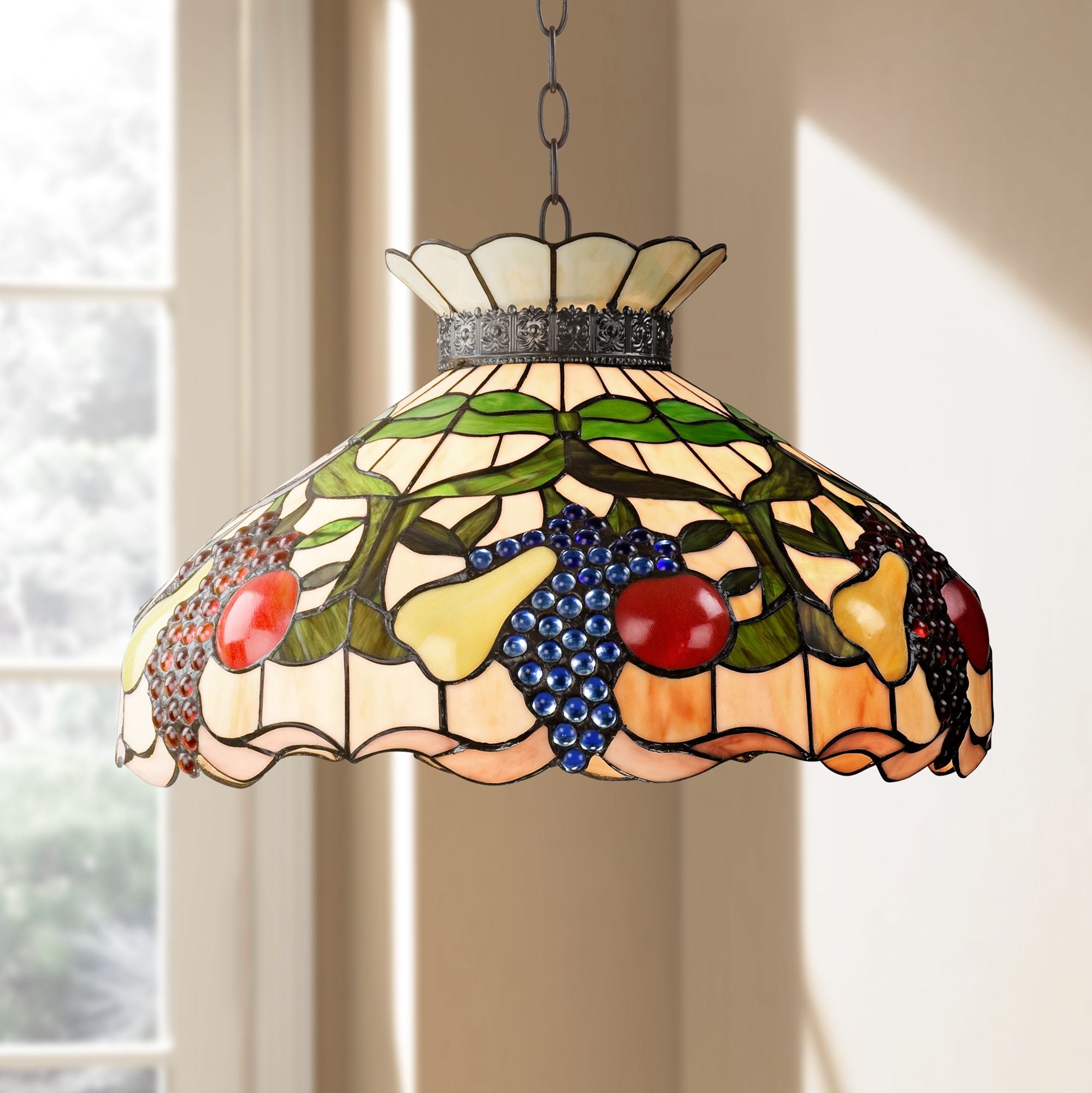 Robert Louis  Bronze Pendant Chandelier 20" Wide 3-Light  Style Ripe Fruit Stained Glass Shade Dining Room Kitchen