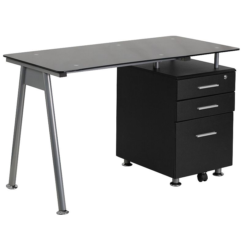 Flash Furniture Black Glass Computer Desk with Three Drawer Pedestal