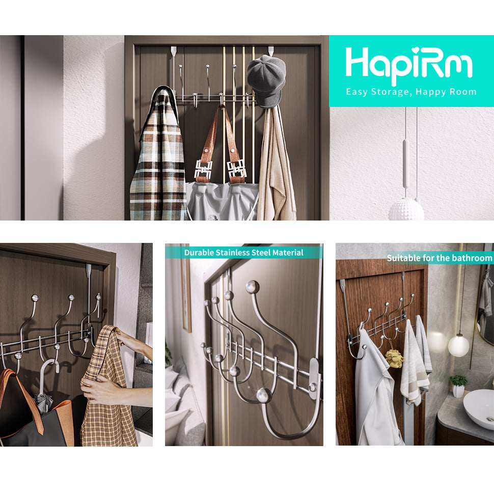 HapiRm Over Door Towel Rack Hook Hanger with 9 Hooks， Heavy-Duty Hook Coat Rack with High Bearing Capacity for Hanging Clothes， Coat， Bag， Robe， Heavy Jackets， Towel， Hat， Silver(15.4