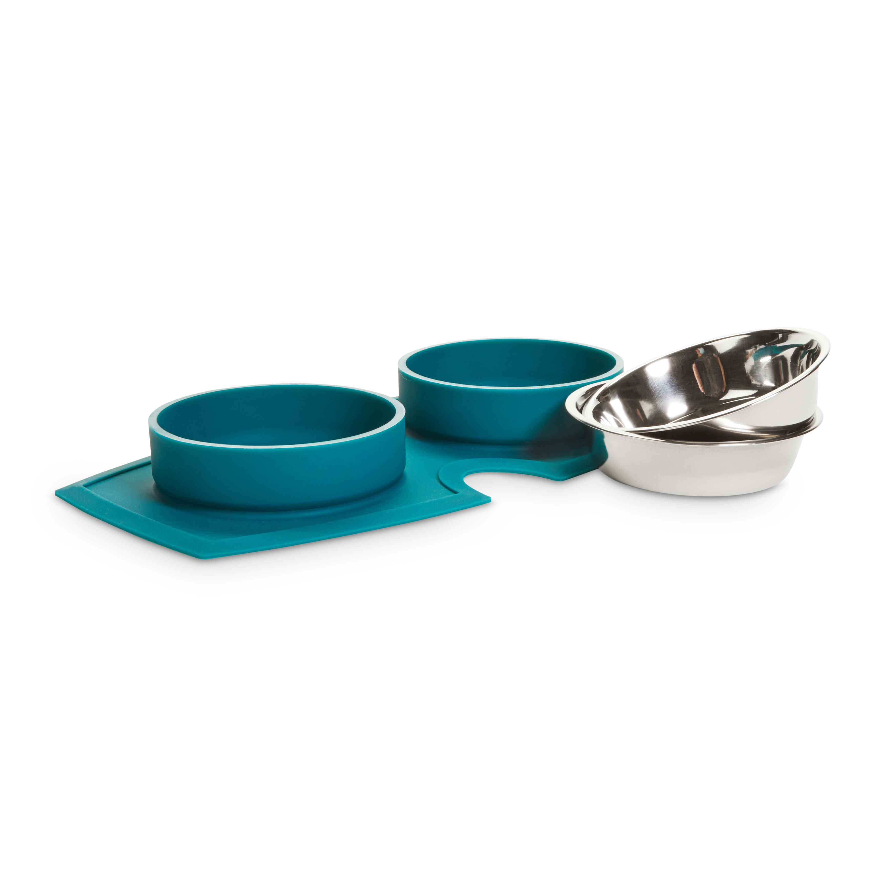 EveryYay Better Together Teal Silicone Double Diner with Stainless-Steel Bowls for Dogs， 2 Cups