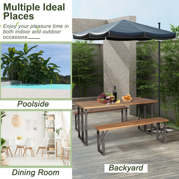 Tangkula 3 Piece Patio Picnic Table Bench Set Outdoor Camping Table Set W Acacia Wood Tabletop amp Seat 2 Umbrella Hole