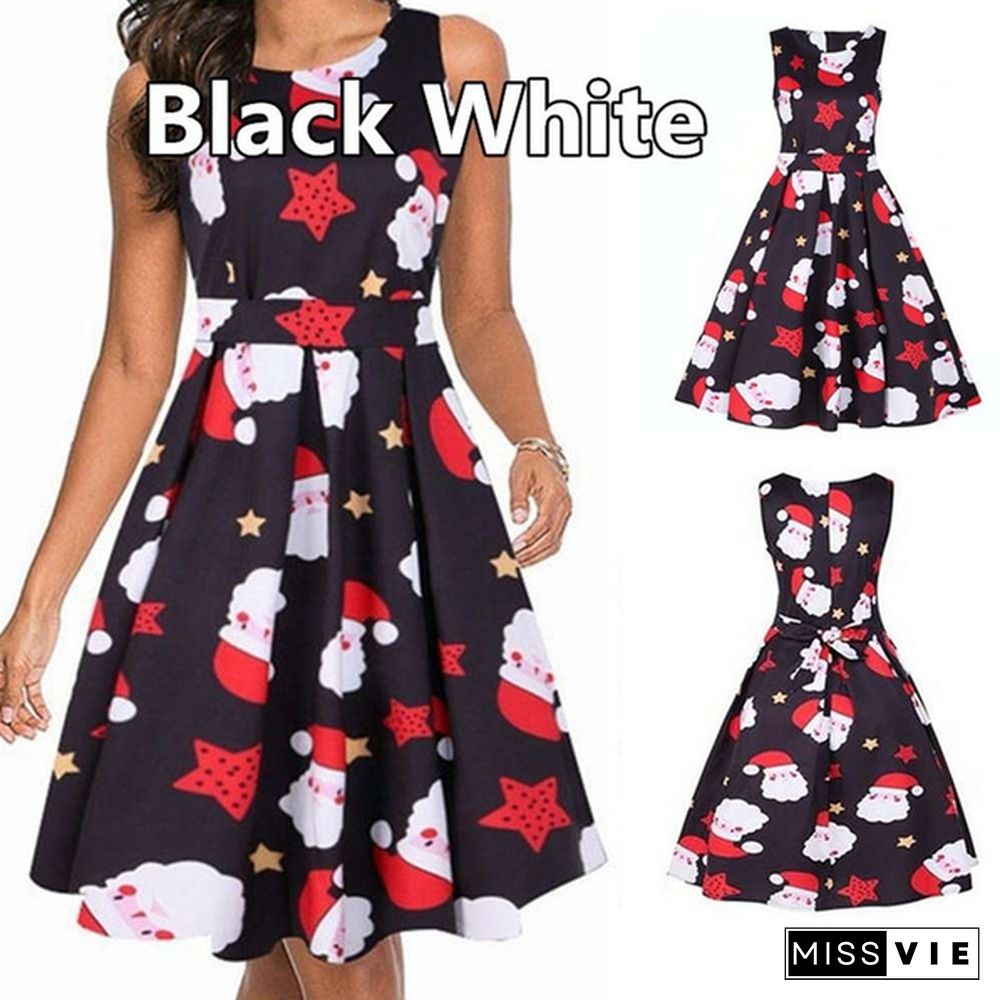 Christmas Dresses for Women Sleeveless Cocktail A-Line Xmas Santa Claus Snowflake Christmas Party Dress Retro Vintage Style Cocktail Party Swing Dresses