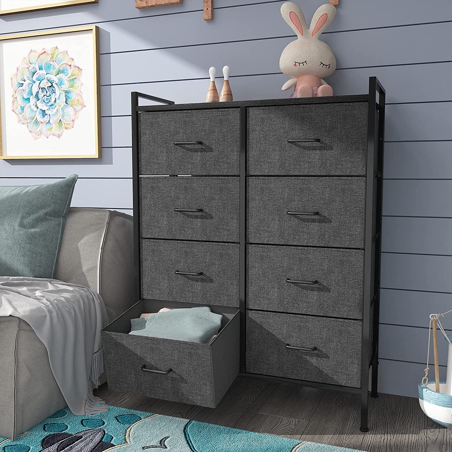 DWVO 8 Drawer Dresser for Bedroom Tall Fabric Dresser Storage Tower Cabinet Bin Storage Organizer for Living Room Kids Room, Black Gray