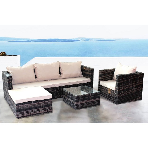 4pc Wicker Patio Sectional Seating Set With Sofa Arm Chair Ottoman amp Accent Table Brown beige Godeer