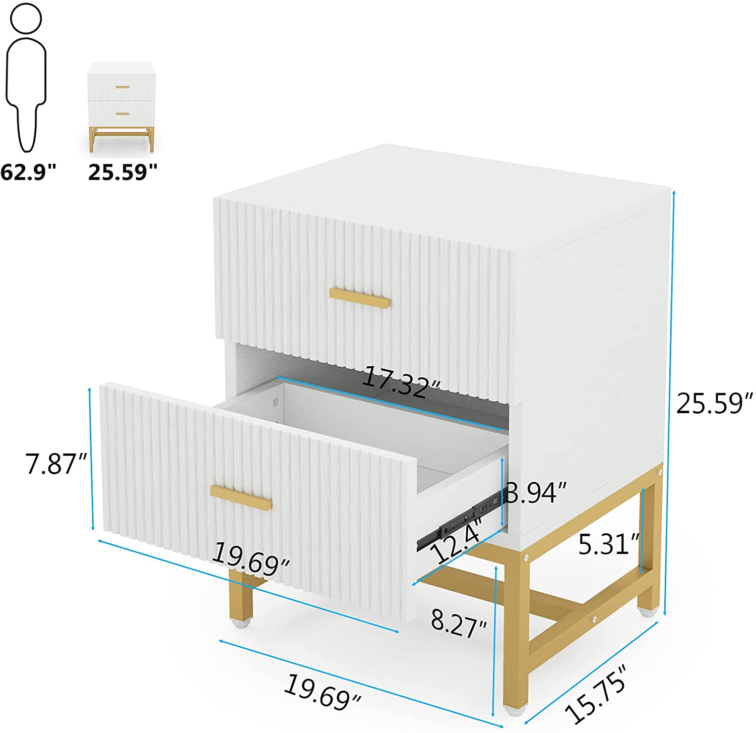 Tribesigns Nightstand Bedside Table with 2 Drawers Living Room Side End Table White and Gold