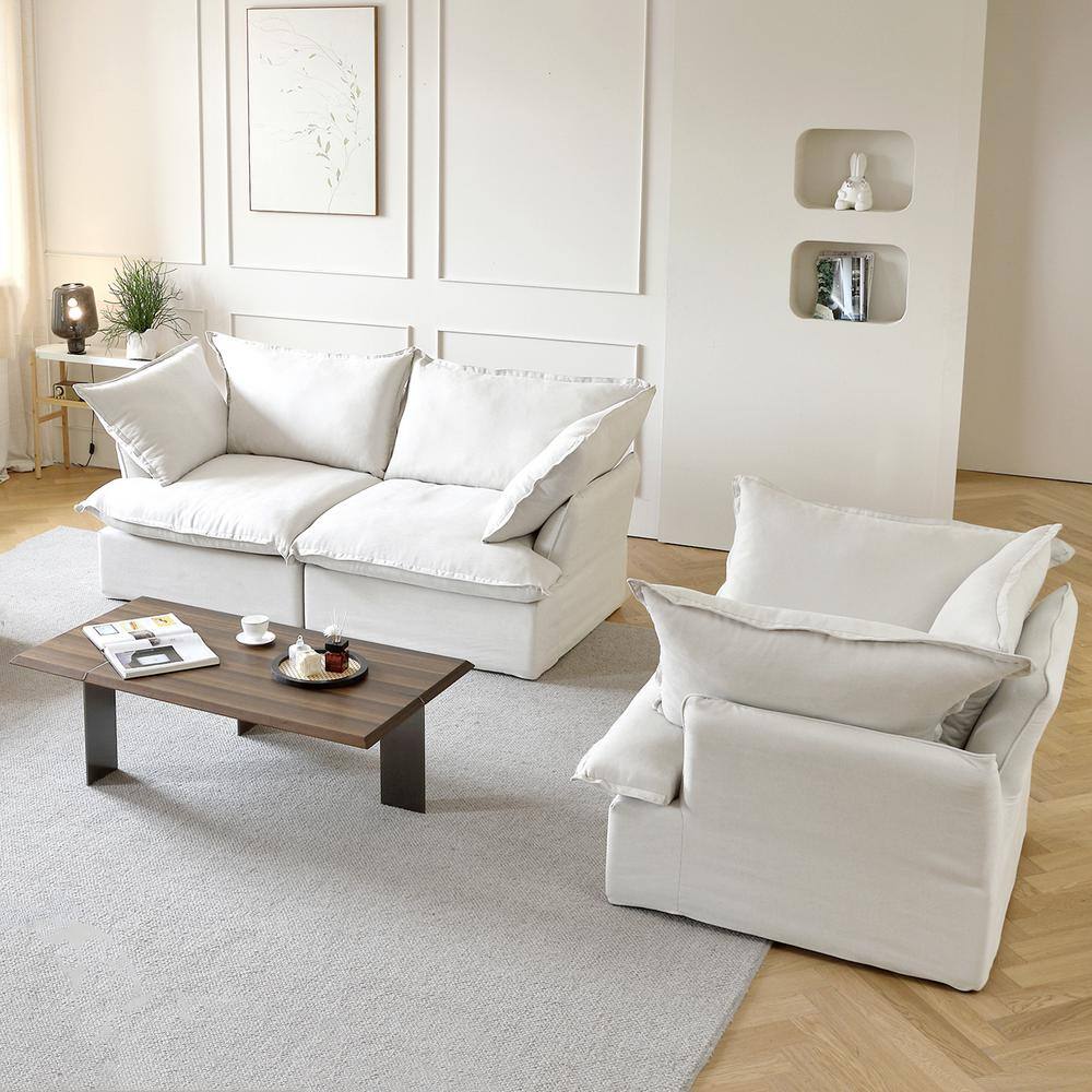 Magic Home 2-Piece Down Filled Comfort Overstuffed Linen Cover Removeable Modular Living Room Set (1-Seater plus Loveseat ) White CS-SM000297AAE