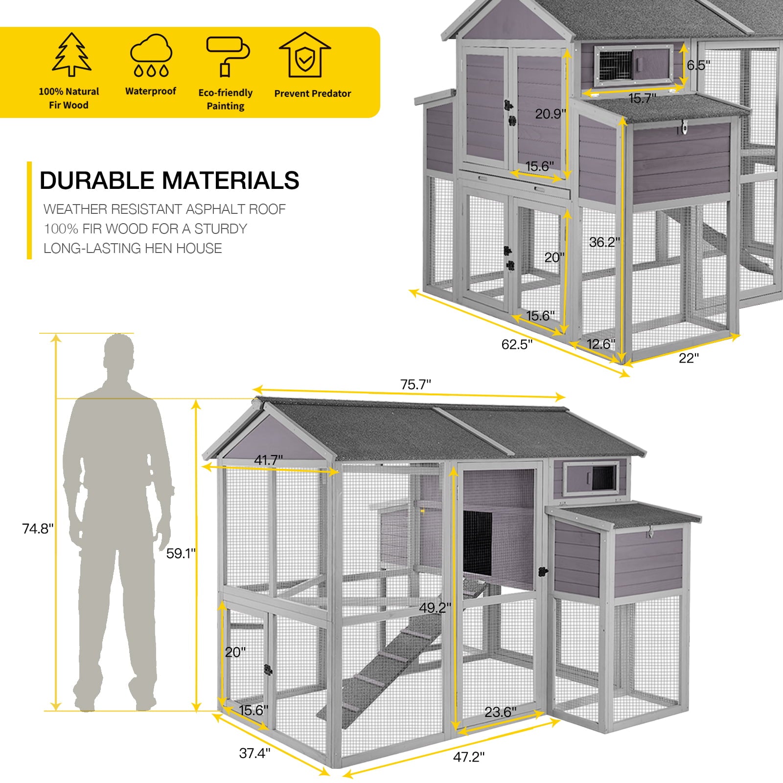 Morgete Extra Large Chicken Coop for 8 - 10 chickens, Nesting Box, Gray, 75.7 in