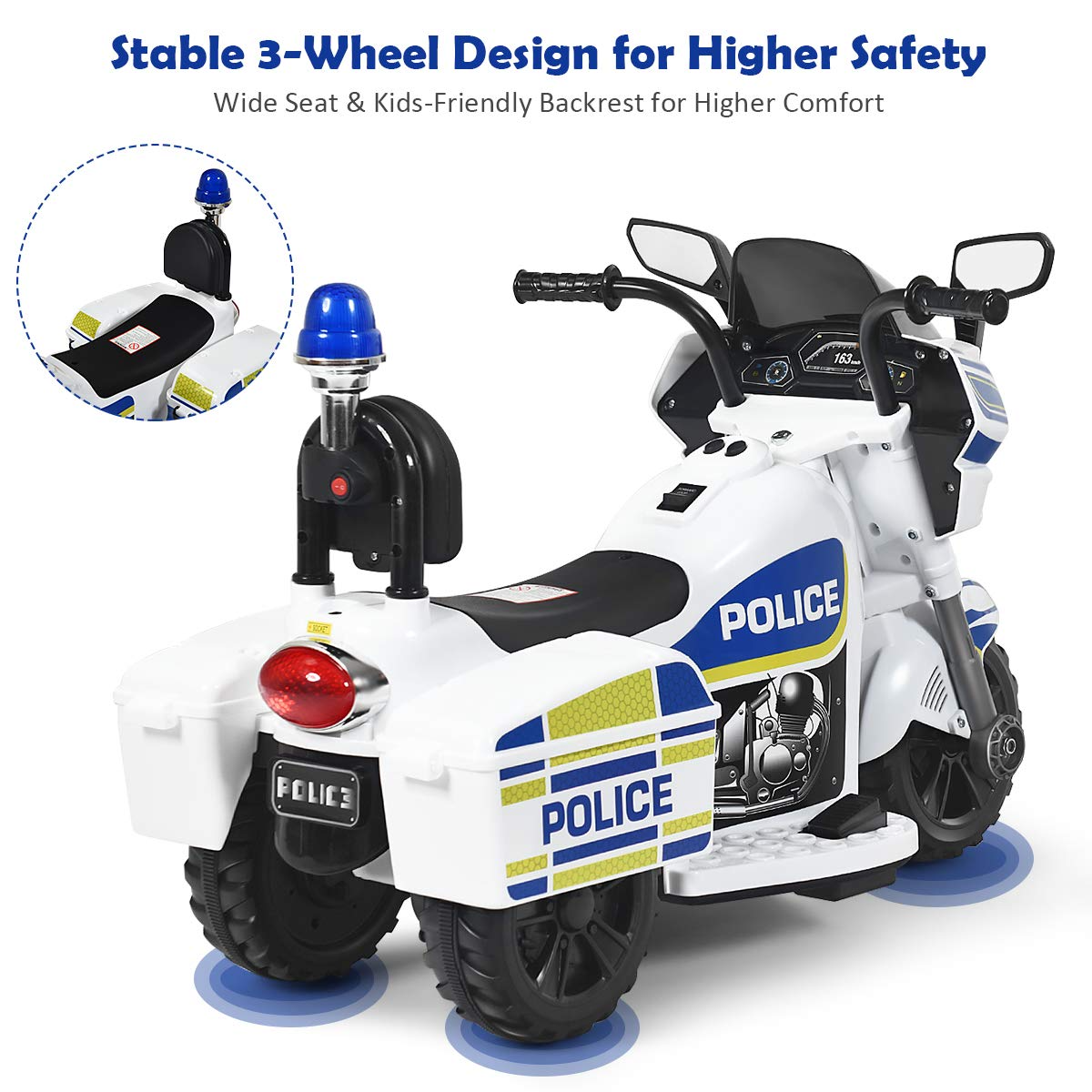 Costzon Kids Ride on Police Motorcycle, 6V Battery Powered Motorcycle Trike w/Horn