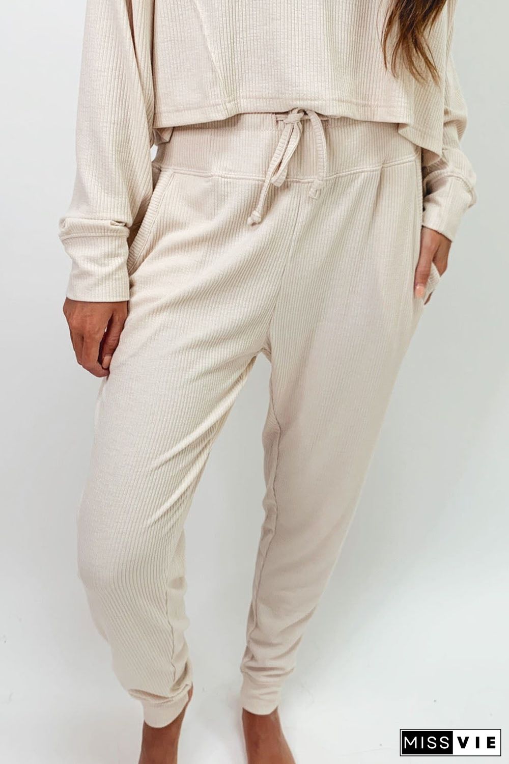 Apricot Ribbed Long Sleeve Drawstring Pants Set