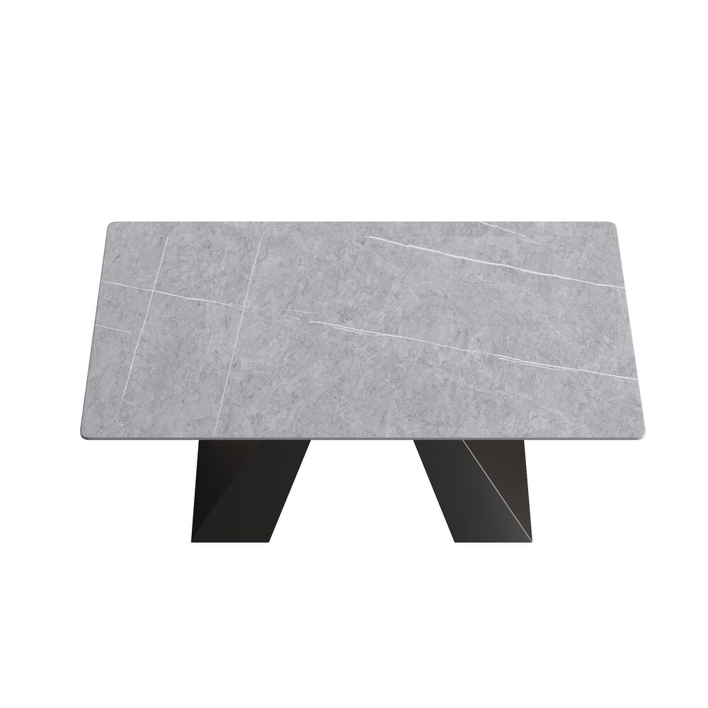 63''Modern Grey Dining Table with Rectangular Sintered Stone Tabletop  Black Carbon Steel Legs   N/A