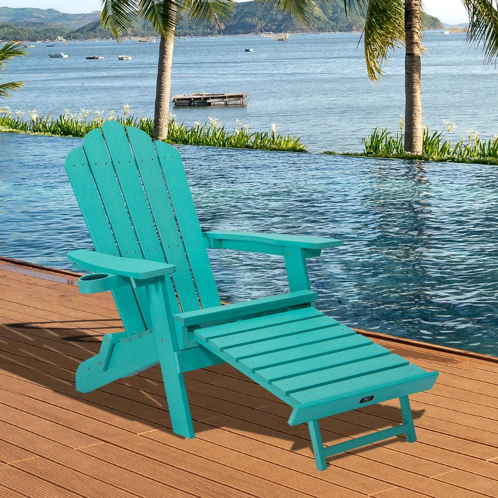 FORCLOVER Aruba Blue Reclining Composite Plastic WeatherResistant Folding Adirondack Chair with Pullout Ottoman and Cup Holder