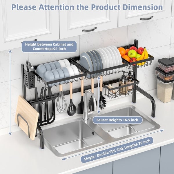 2 Tier Adjustable Over Sink Dish Drying Rack with 8 Hooks - 21-39