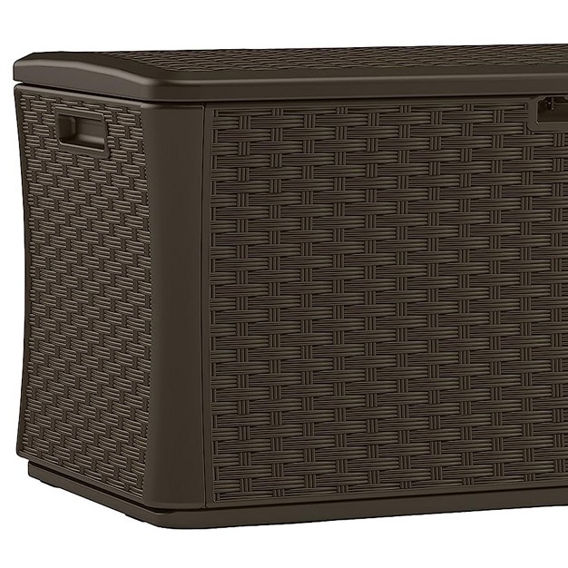 Suncast 134 Gallon Extra Large All weather Wicker Pattern Deck Box With Lockable Lid For Garden Garage Patio Or Outdoor Use Java