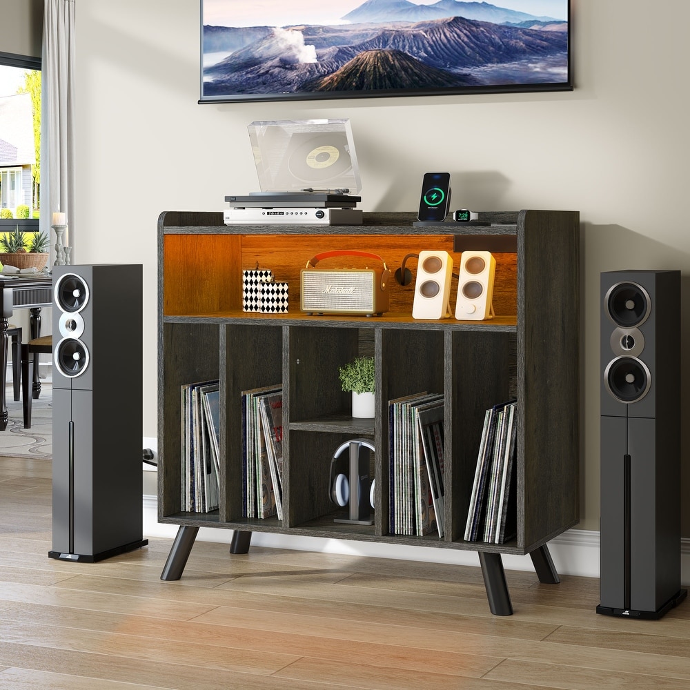 Moasis Record Player Stand with Power Outlets and LED Lights for Living Room Bedroom