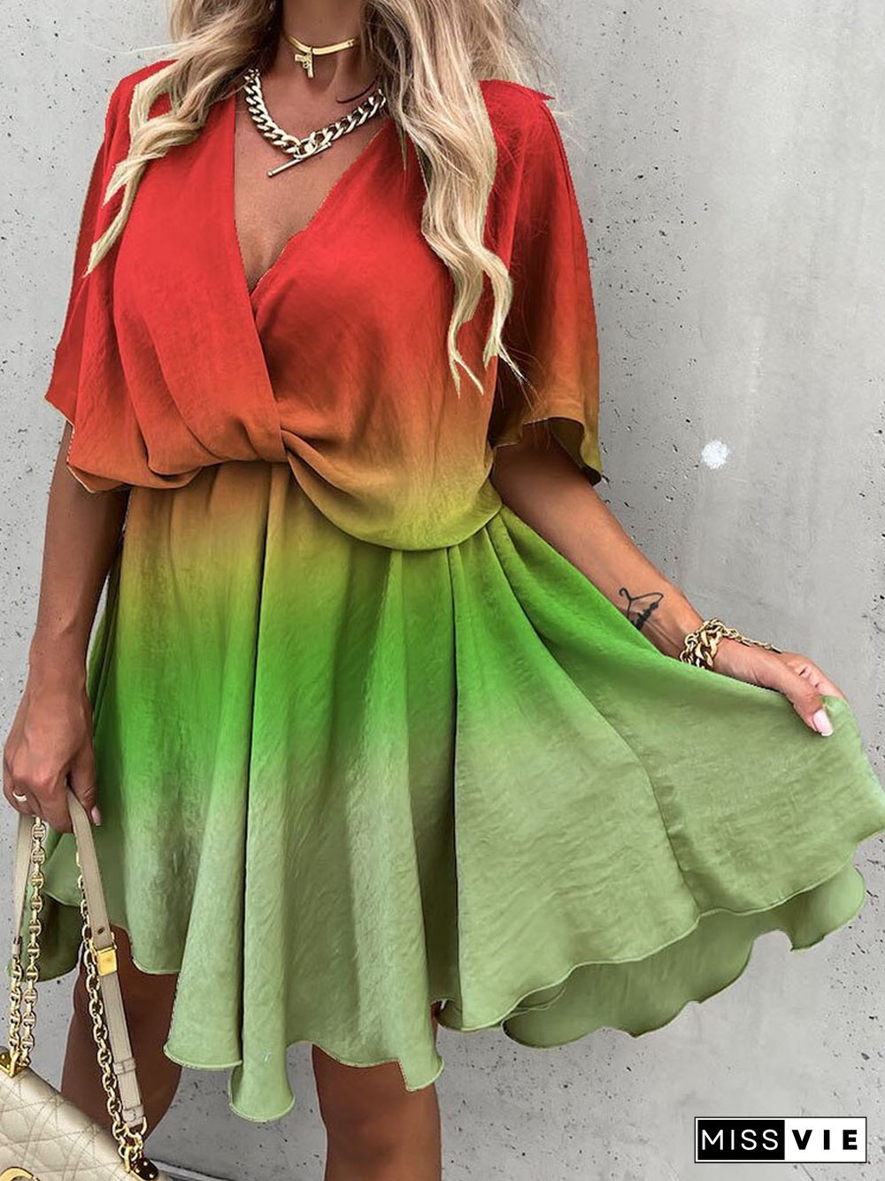 Summer Women Fashion Gradient Mini Dress Elegant Short Sleeve V Neck Loose Pleated Dress Ladies Casual Big Hem Multicolor Dress