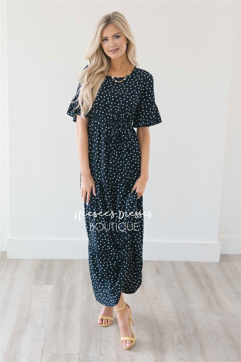 Polka Dot Flutter Sleeve Tiered Maxi Dress