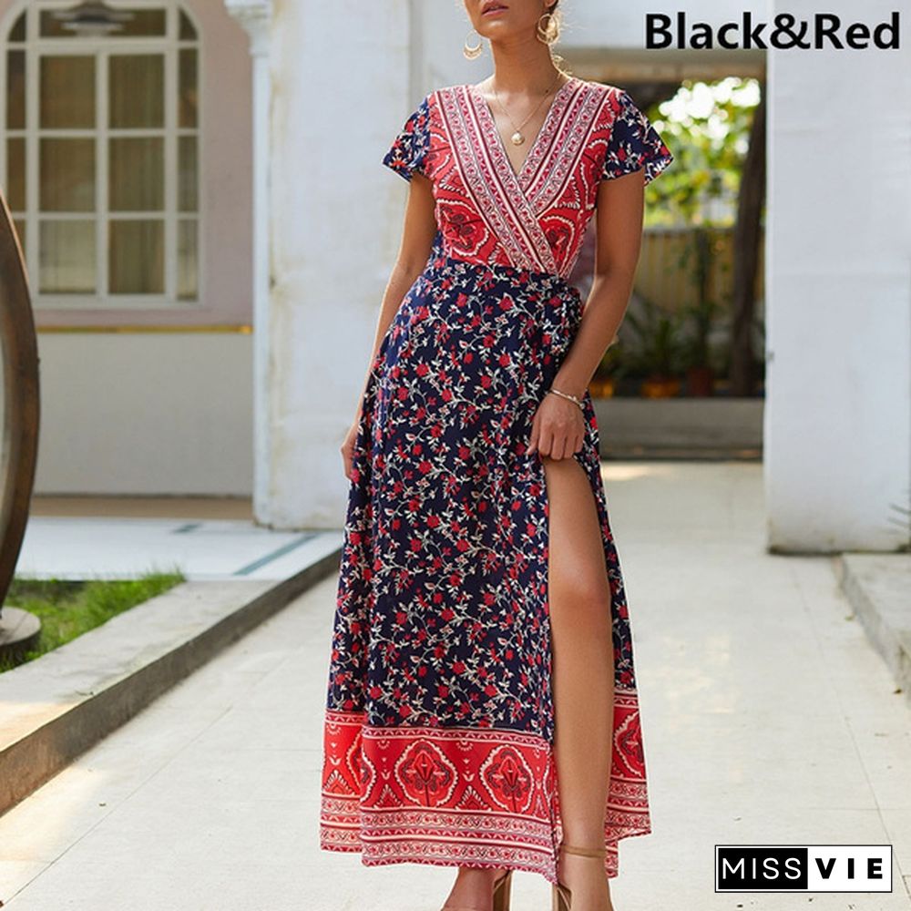 New Summer Women Fashion Floral Print Sexy Deep V Neck Short Sleeve Evening Party Long Casual Maxi Dresses With Belt Boho Beach Sundress, Kleid, Robe de femme