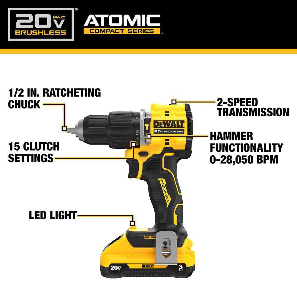 DW ATOMIC 20-Volt Lithium-Ion Cordless 12 in. Compact Hammer Drill with 3.0Ah Battery Charger and Bag DCD799L1