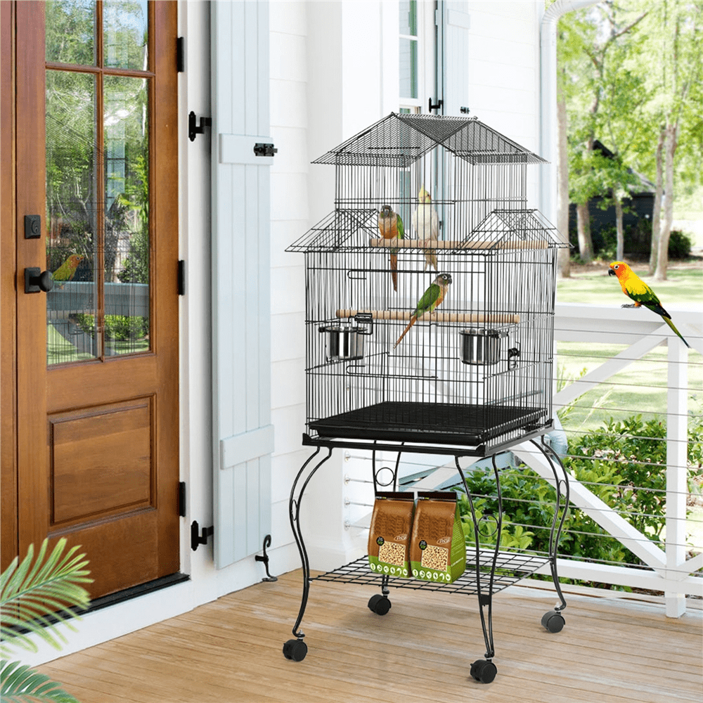 Easyfashion Large Metal Rolling Bird Cage Parrot Aviary Canary Pet Perch With Stand， Black