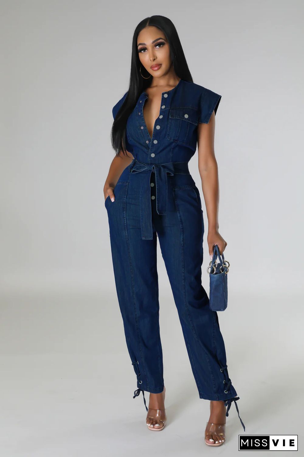 Plain Denim Belt Casual Jumpsuit