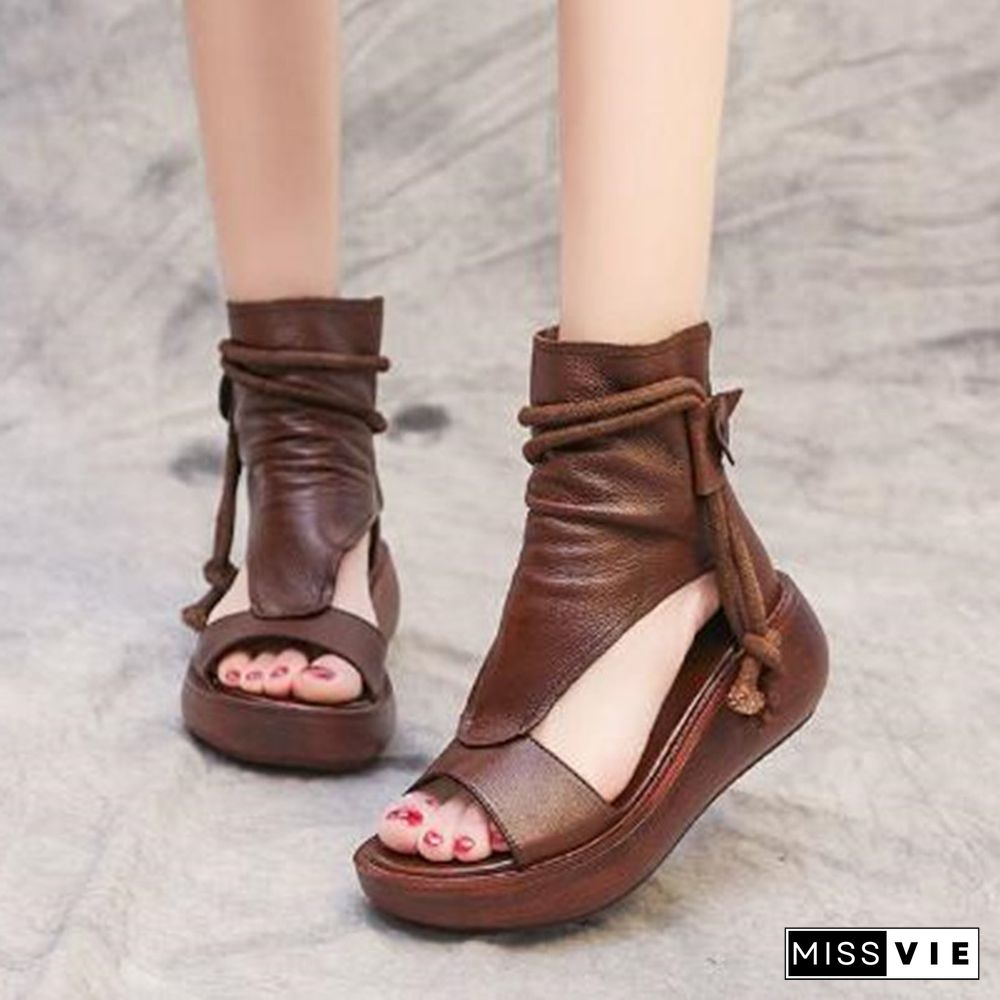 Hot New Summer Black Women Leather Sandals Cool Boots Platform Shoes Wedges Sandals Women Shoes Fashion Outdoor Sandals